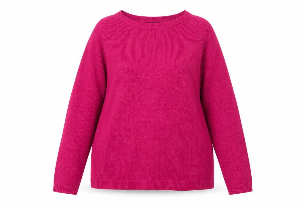 Front view of La Redoute women’s pink round neck acrylic jumper, size UK 18