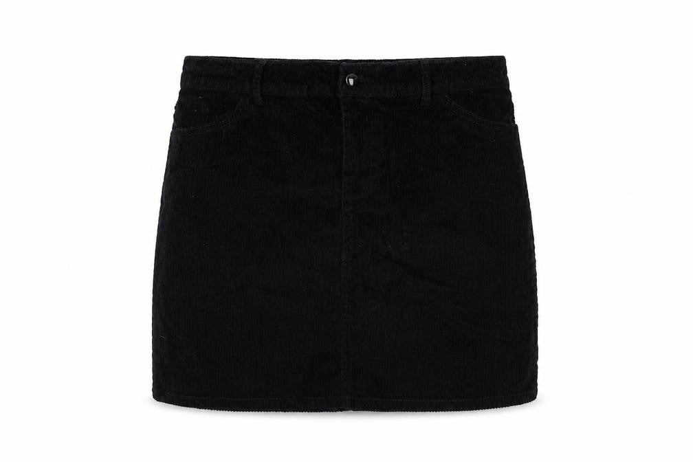 Front view of Pieces women’s black cotton mini skirt, size L, button