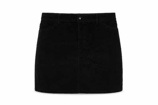 Front view of Pieces women’s black cotton mini skirt, size L, button