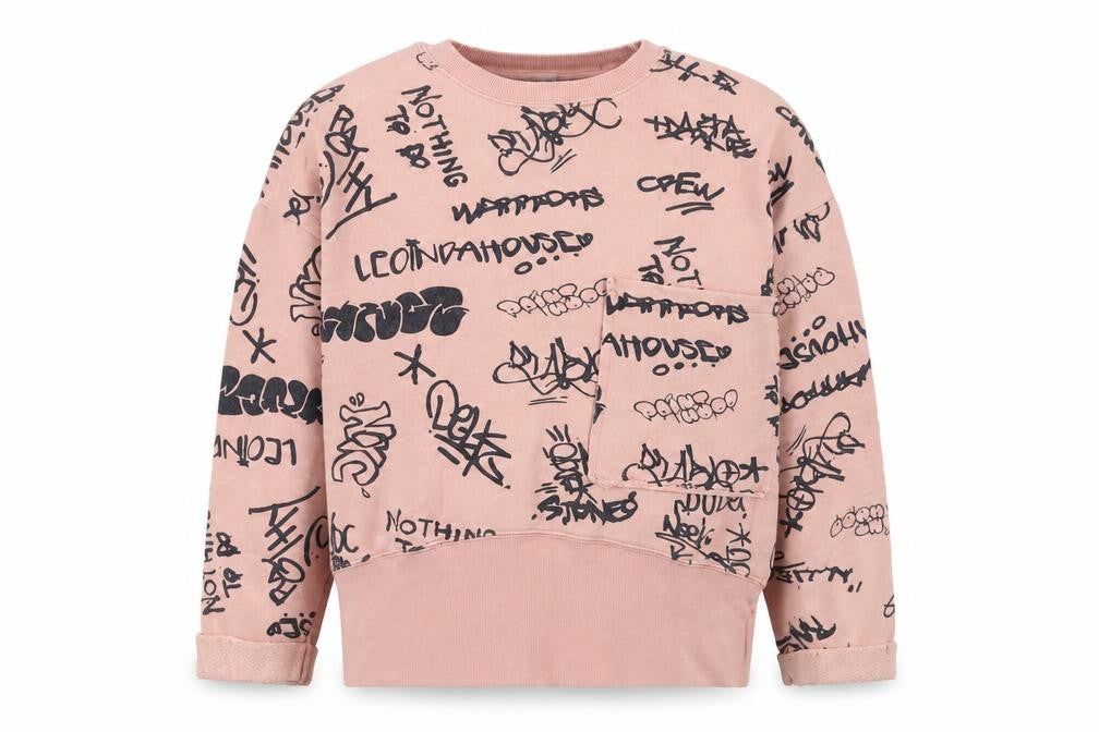 Front view of Zara girls’ pink geometric cotton pullover sweatshirt, size 9-10, years pullover