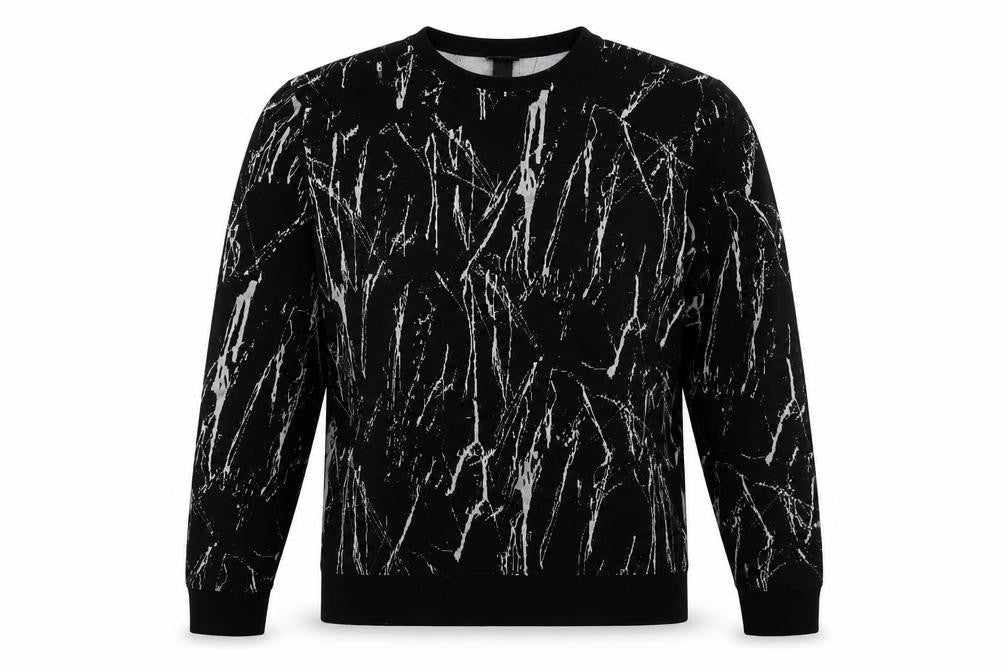 Front view of H&M men’s black geometric polyester pullover sweatshirt, size M