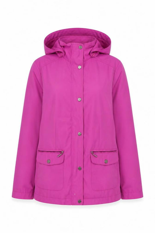 Front view of Marks & Spencer women’s purple jacket, size UK 12, zip