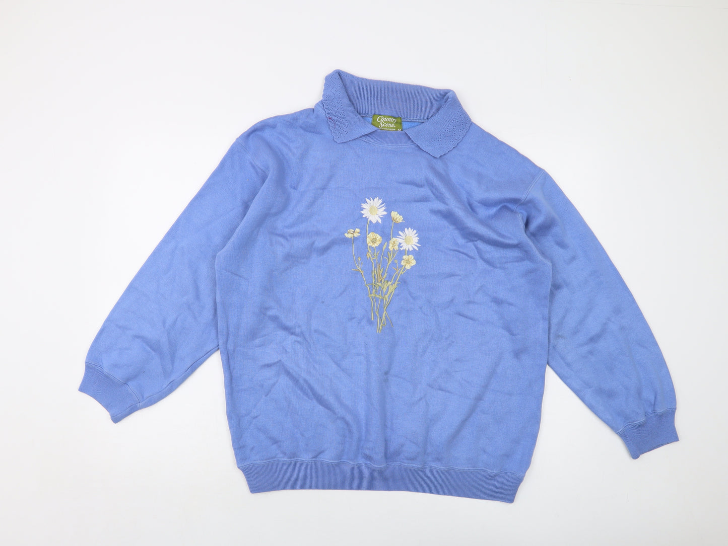 Country Scene Womens Blue Acrylic Pullover Sweatshirt Size M Pullover
