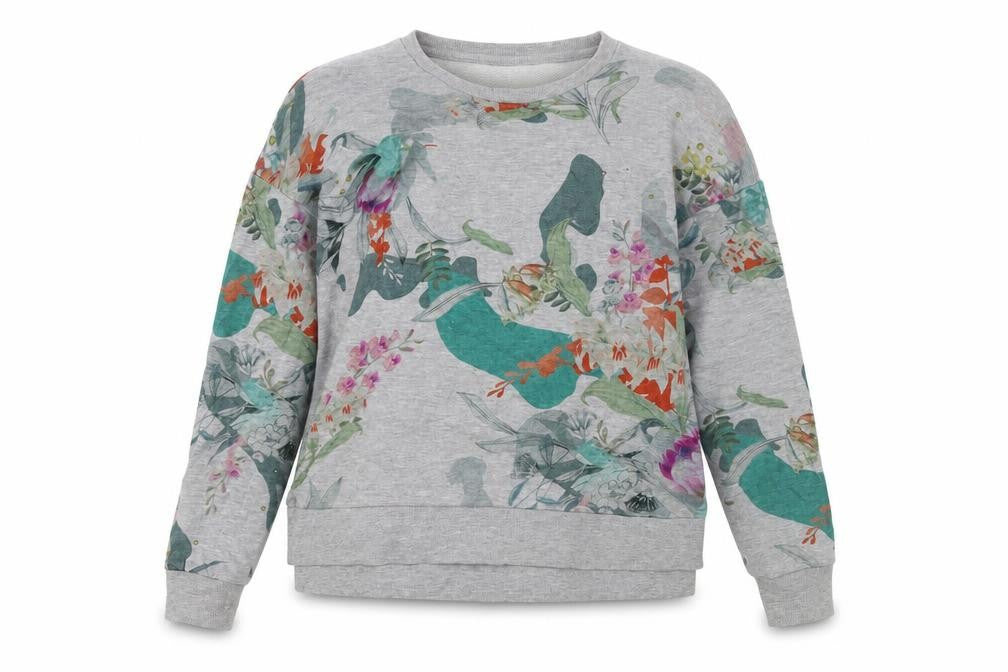 Front view of Next women’s grey floral cotton pullover sweatshirt, size UK 8, pullover