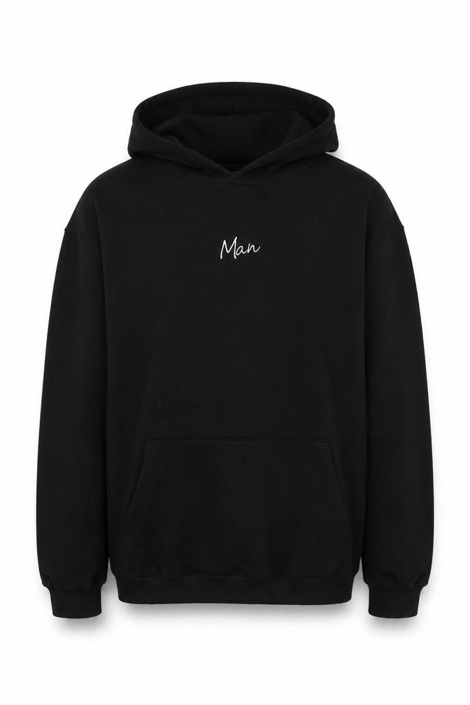 Front view of Boohoo men’s black cotton pullover hoodie, size S