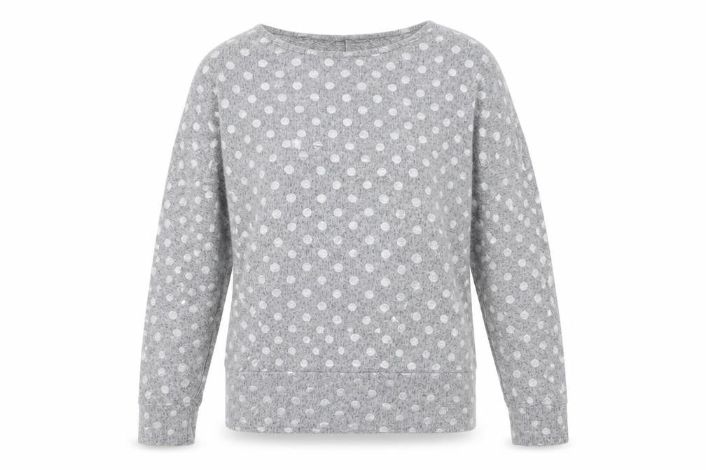 Front view of Dorothy Perkins women’s grey crew neck polka dot polyester jumper, size UK 10