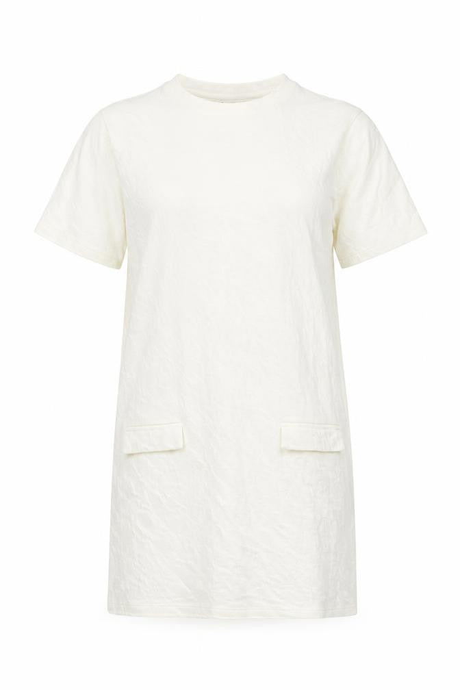 Front view of Zara women’s ivory polyester tunic t-shirt, size M, crew neck