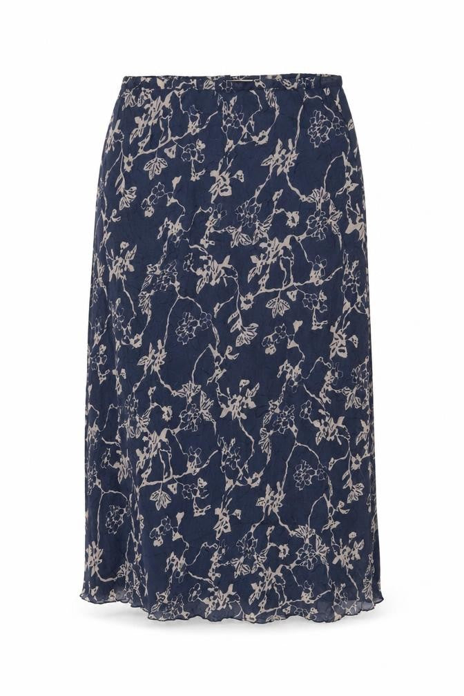 Front view of Adini women’s blue geometric polyester a-line skirt, size UK 34, in zip