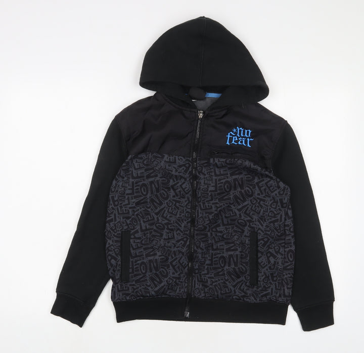 No Fear Boys Black Geometric Cotton Full Zip Hoodie Size 13 Years Zip - Logo, Embroidered
