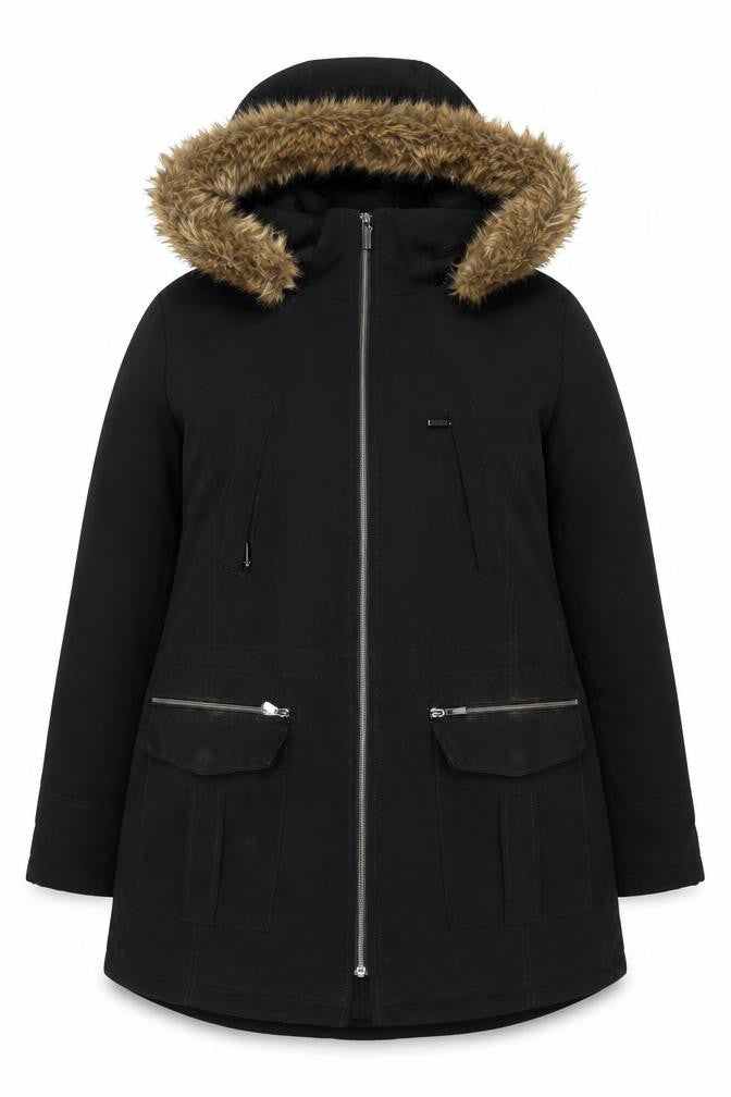 Front view of CRAFT & BORROW women’s black parka coat, size XL, zip
