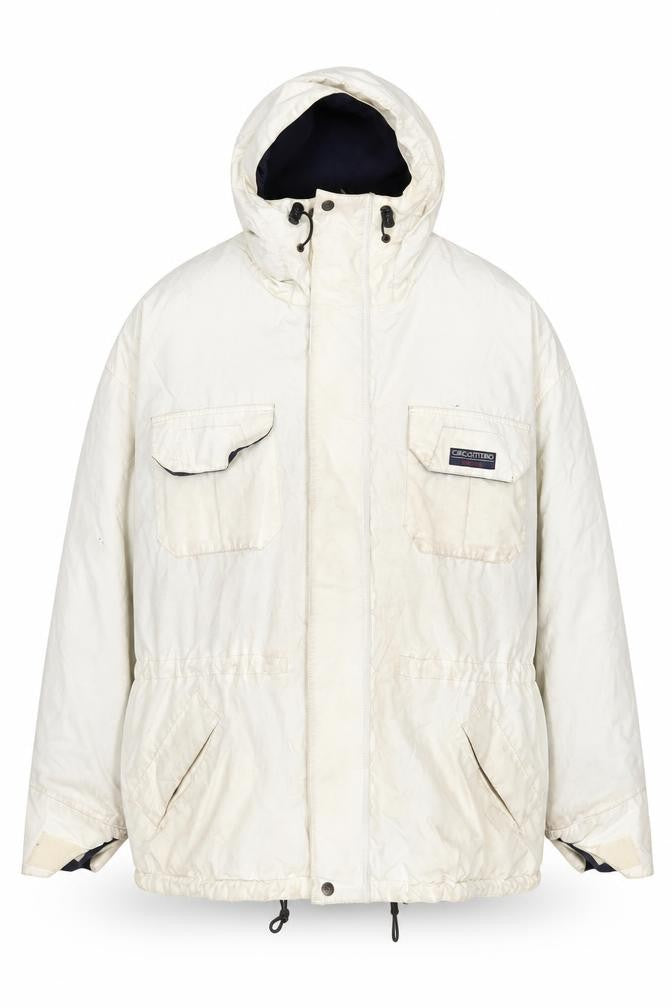 Front view of Ciro Citterio men’s white quilted coat, size L, zip
