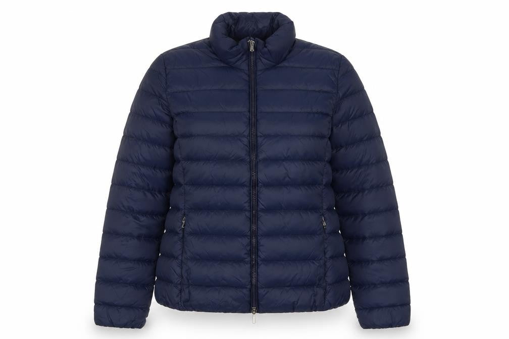 Front view of Geox women’s blue puffer jacket jacket, size UK 8, zip