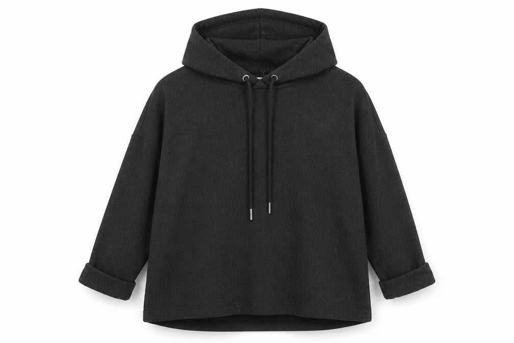 Front view of John Lewis women’s grey polyester pullover hoodie, size S, pullover