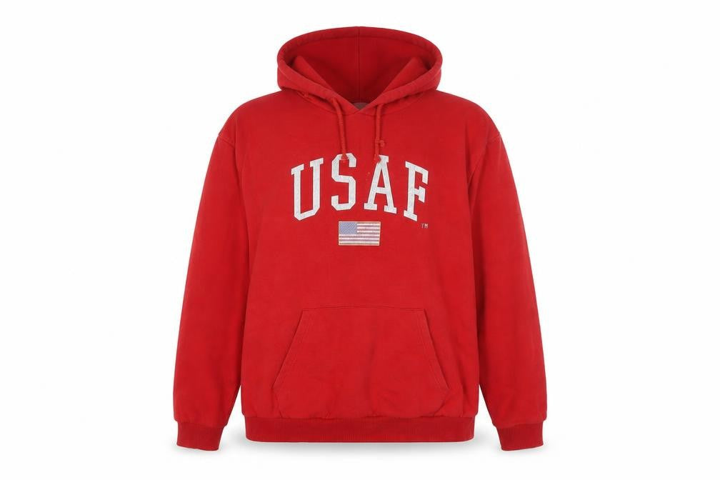 Front view of USAF women’s red cotton pullover hoodie, size UK 16, pullover