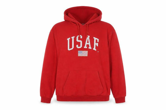Front view of USAF women’s red cotton pullover hoodie, size UK 16, pullover