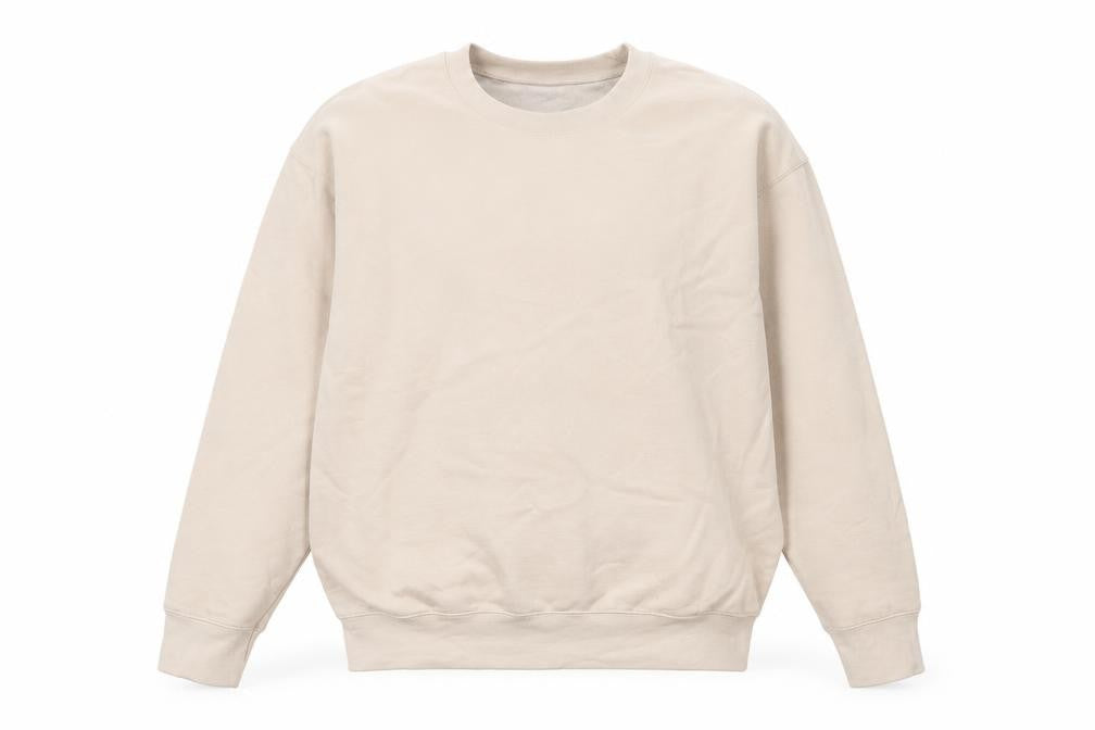 Front view of PRETTYLITTLETHING women’s beige cotton pullover sweatshirt, size L, pullover