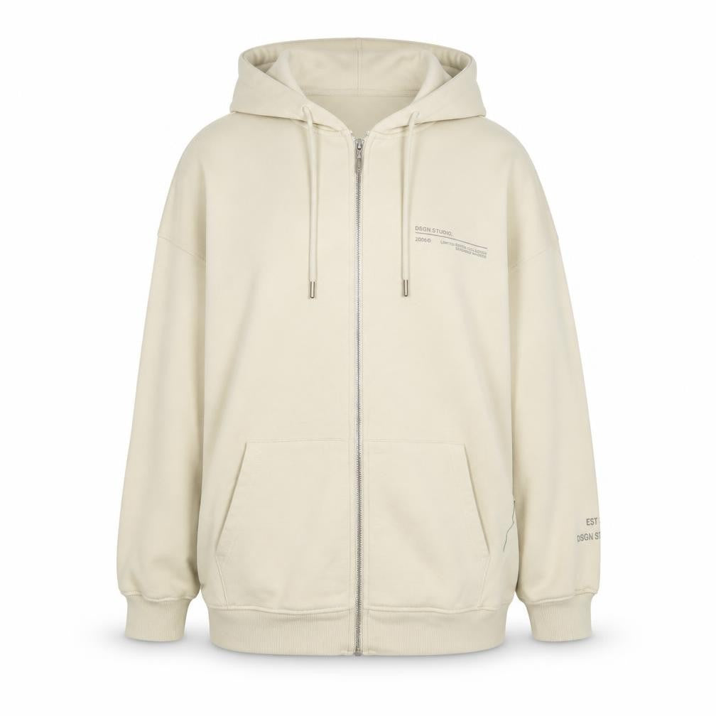 Front view of Boohoo women’s beige cotton pullover hoodie, size M, pullover