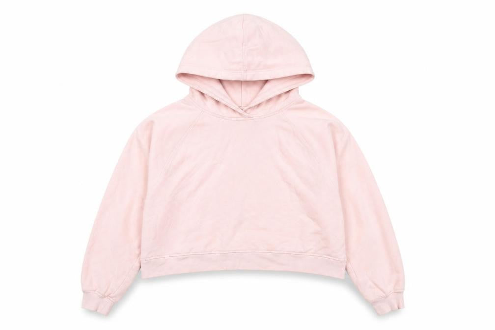 Front view of H&M women’s pink cotton pullover hoodie, size L, pullover