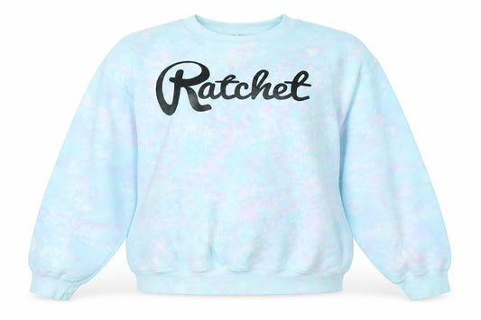 Front view of rachet women’s blue polyester pullover sweatshirt, size M, - logo
