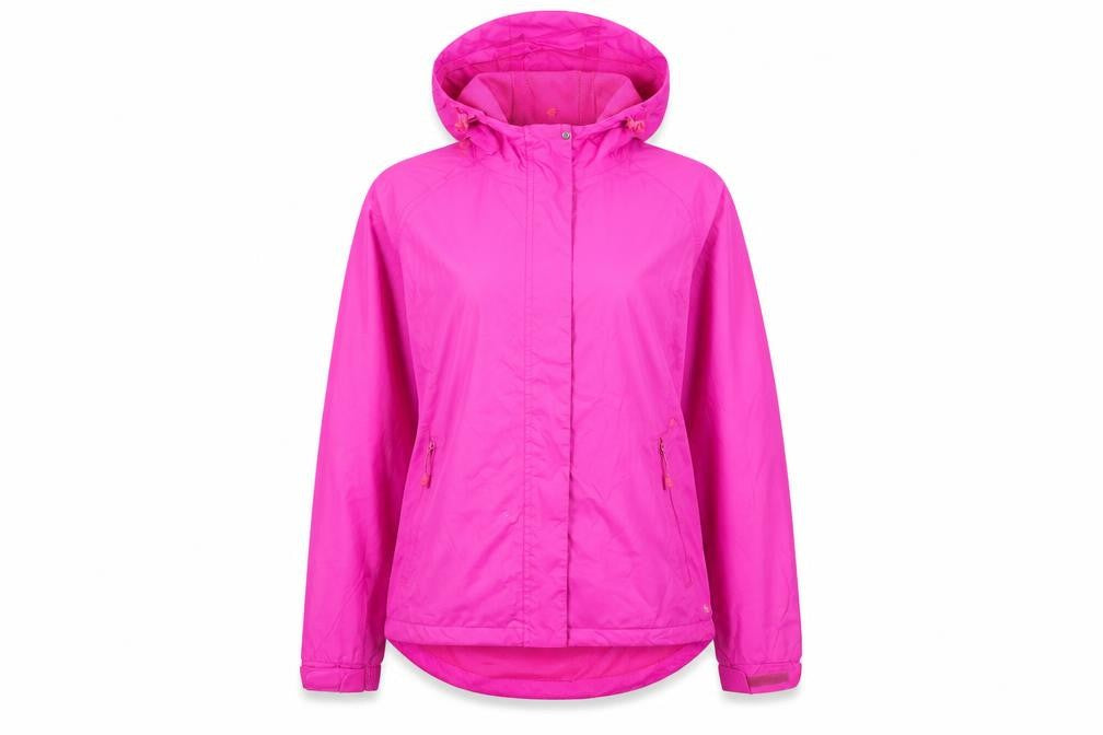 Front view of Zakiti women’s pink rain coat jacket, size UK 12, zip