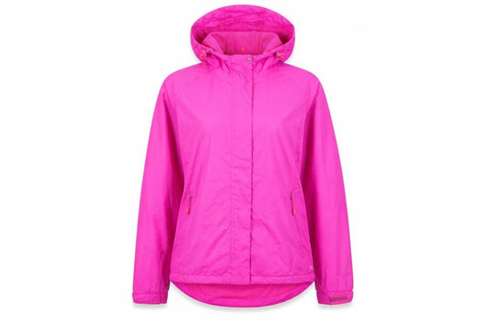 Front view of Zakiti women’s pink rain coat jacket, size UK 12, zip