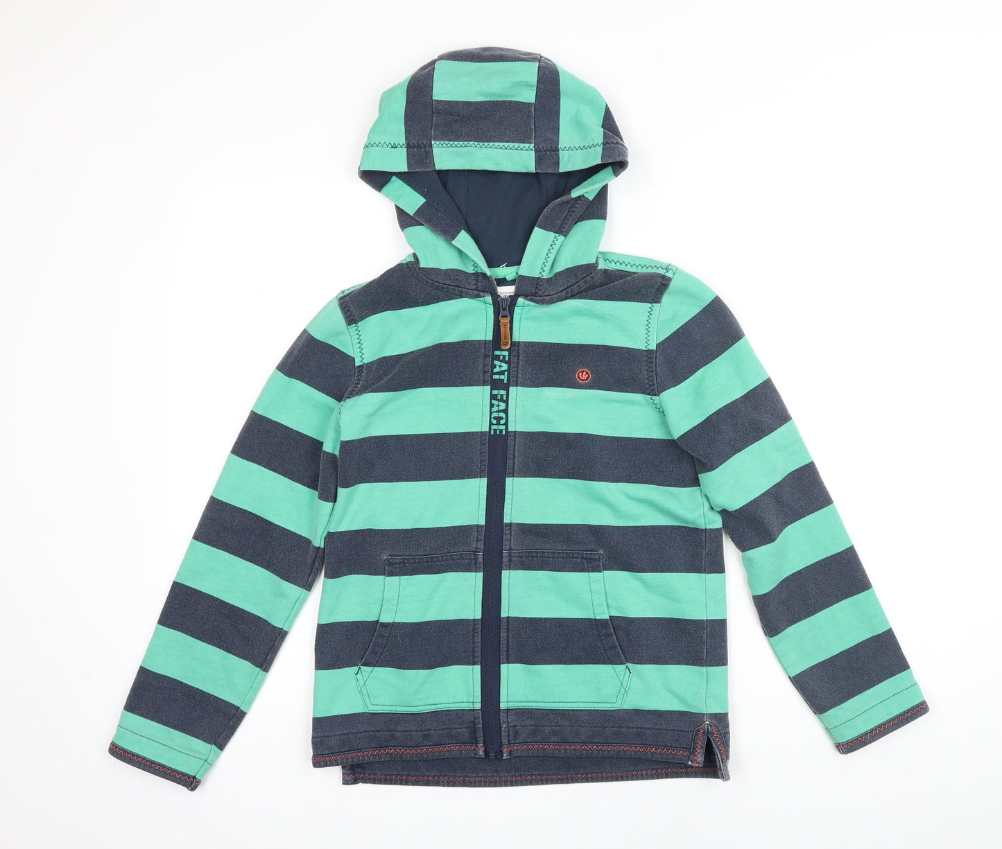 Fat Face Boys Green Striped Cotton Full Zip Hoodie Size 10-11 Years Zip