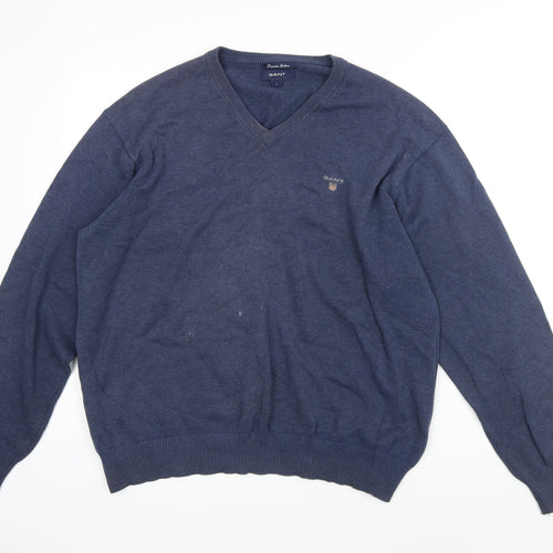 GANT Mens Blue V-Neck Cotton Pullover Jumper Size L Long Sleeve