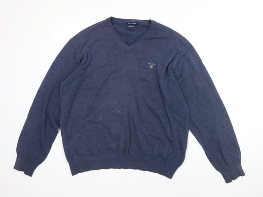 GANT Mens Blue V-Neck Cotton Pullover Jumper Size L Long Sleeve