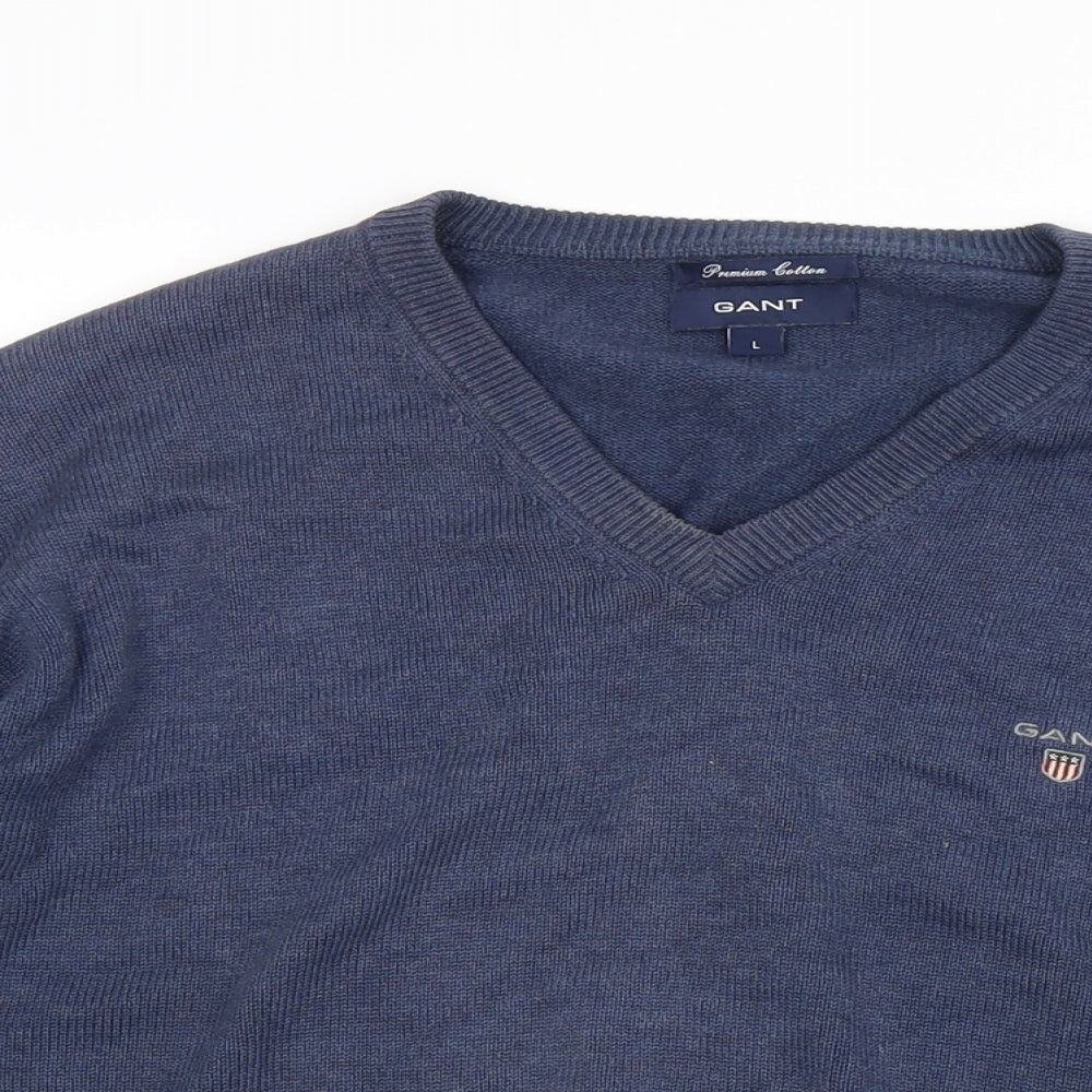 GANT Mens Blue V-Neck Cotton Pullover Jumper Size L Long Sleeve