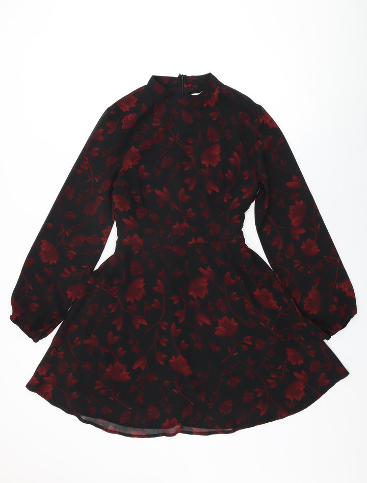 Apricot Womens Black Floral Polyester Skater Dress Size 8 Round Neck Zip