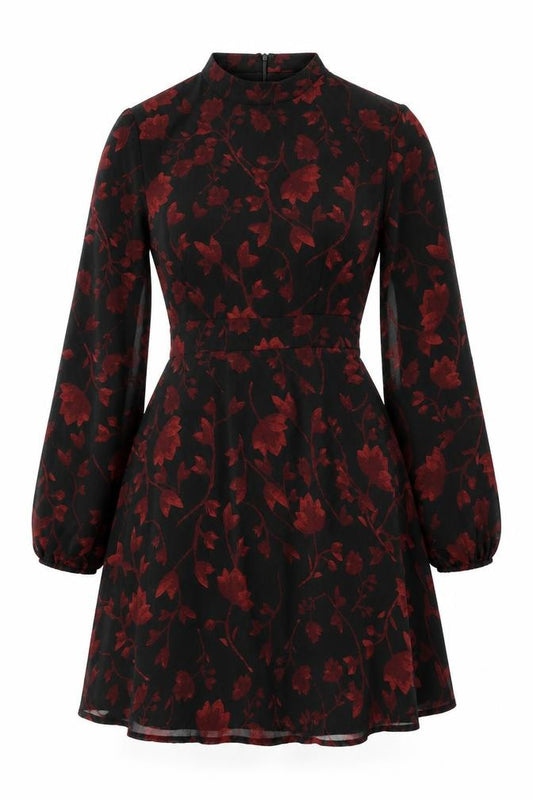 Front view of Apricot women’s black floral polyester skater dress, size UK 8, round neck zip