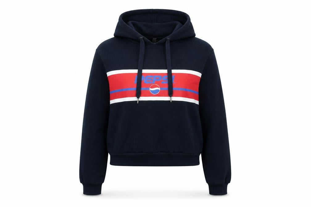 Front view of Pepsi women’s blue cotton pullover hoodie, size XS, pullover - pepsi
