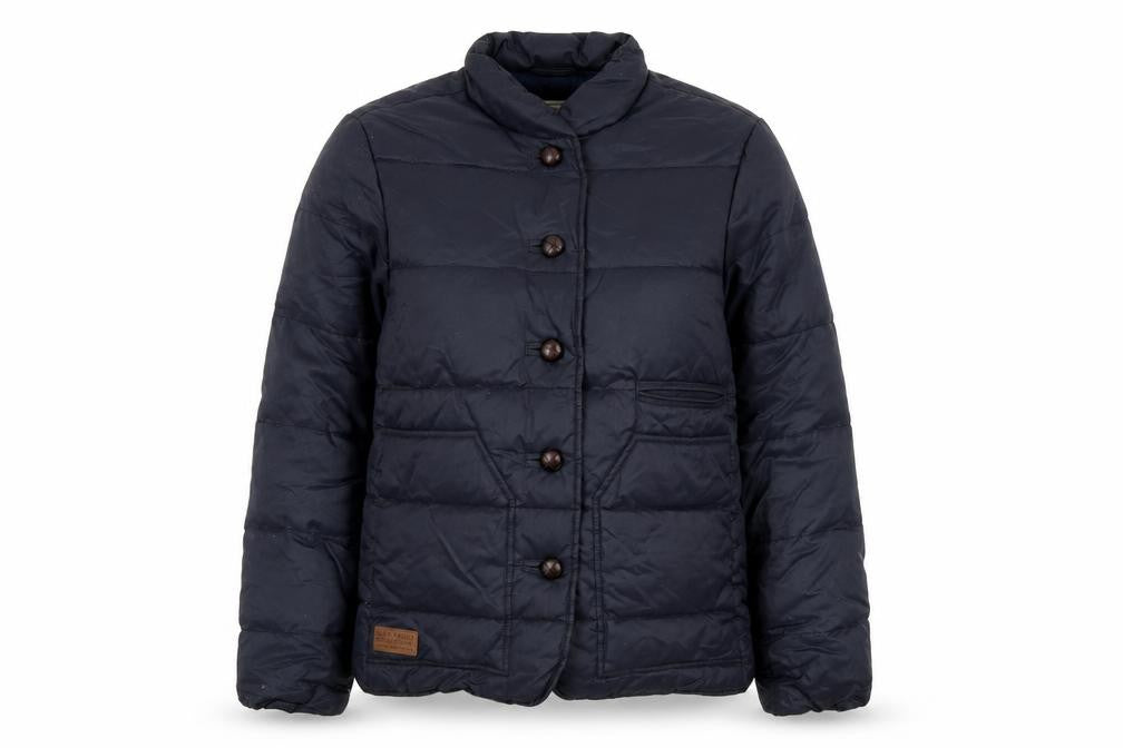 Front view of AUBIN & WILLS women’s black puffer jacket coat, size UK 12, button