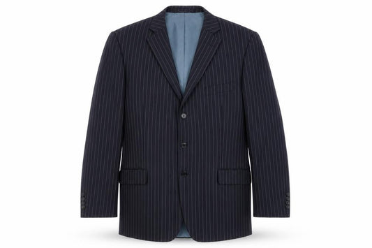 Front view of Marks & Spencer men’s blue striped polyester jacket suit jacket, size 44, regular