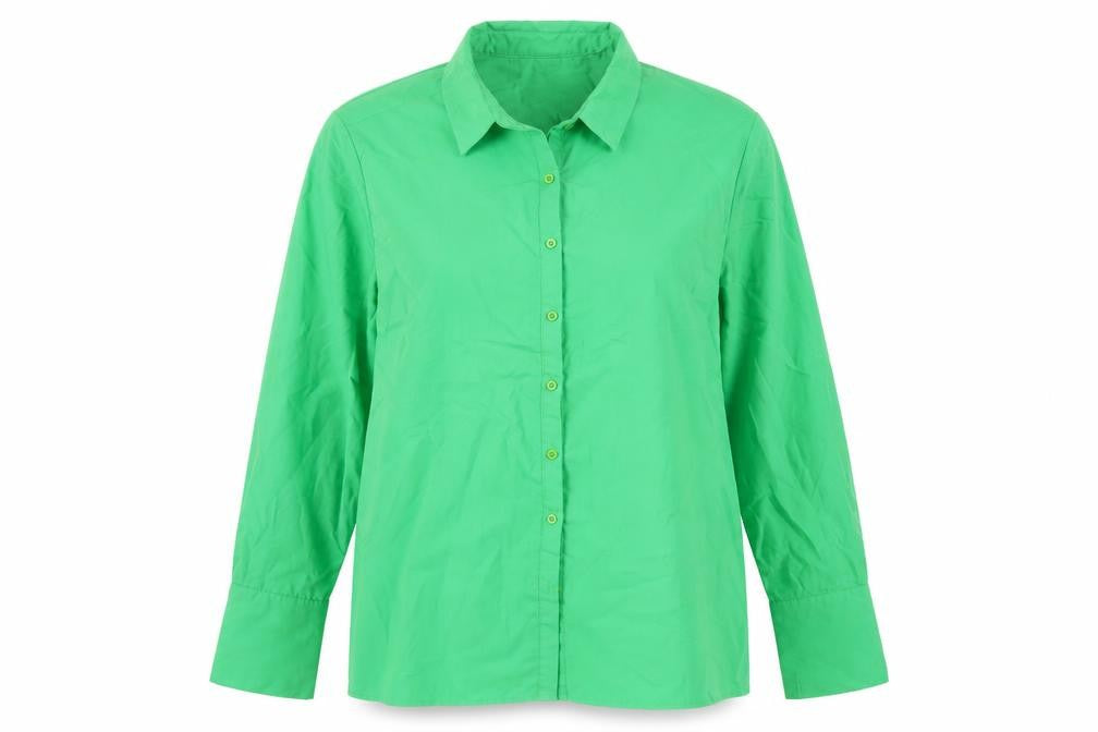 Front view of PRETTYLITTLETHING women’s green cotton basic button-up, size UK 12, collared - oversized
