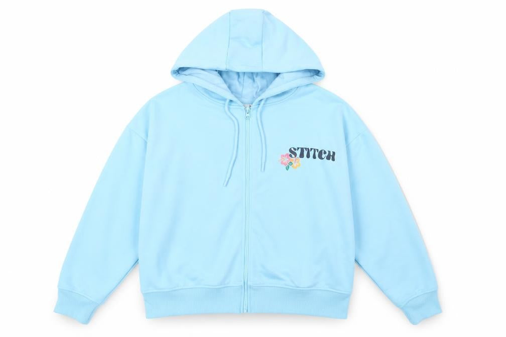 Front view of Disney women’s blue polyester full zip hoodie, size M, zip - stich