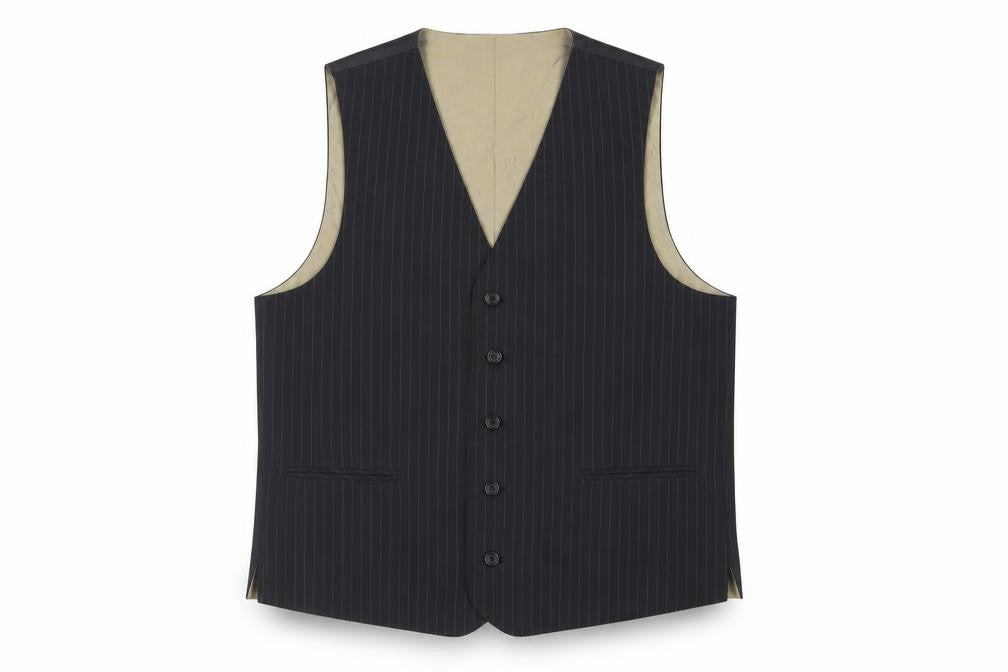 Front view of Pierre Remon men’s black striped polyester jacket suit waistcoat, size 44, regular