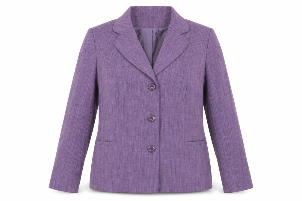 Front view of EWM women’s purple jacket blazer, size UK 16, button