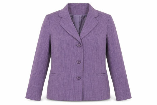 Front view of EWM women’s purple jacket blazer, size UK 16, button