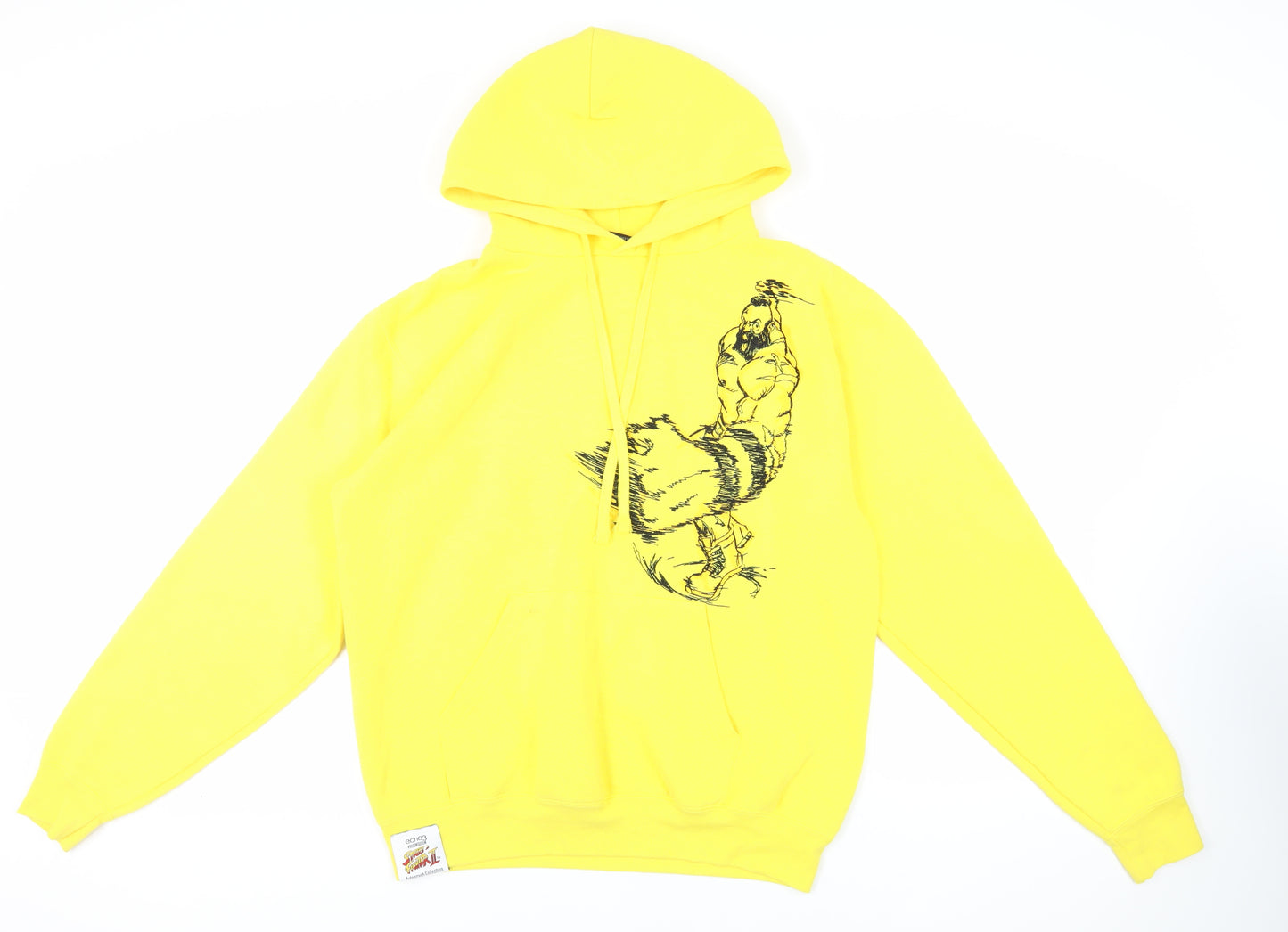 Street Fighter II Mens Yellow Cotton Pullover Hoodie Size L - Embroidered