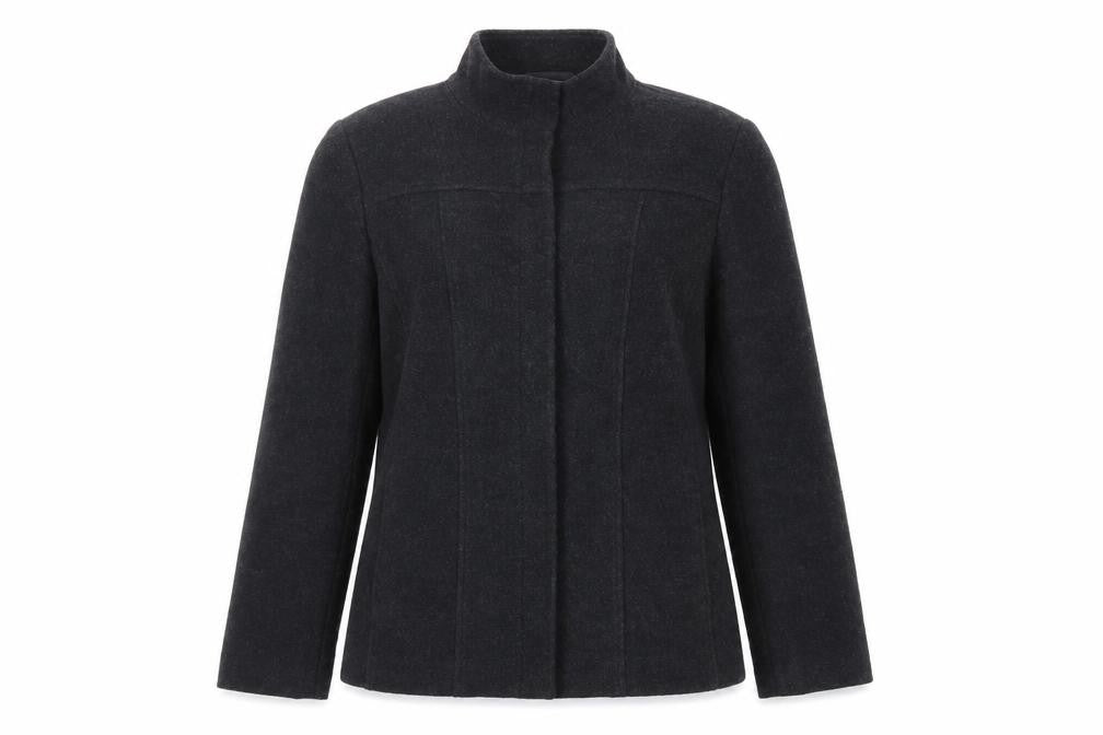 Front view of Debenhams women’s black jacket, size UK 14, zip