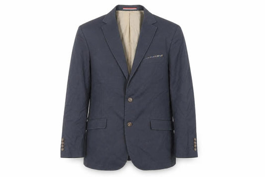 Front view of Brook Taverner men’s blue cotton jacket blazer, size 38, regular