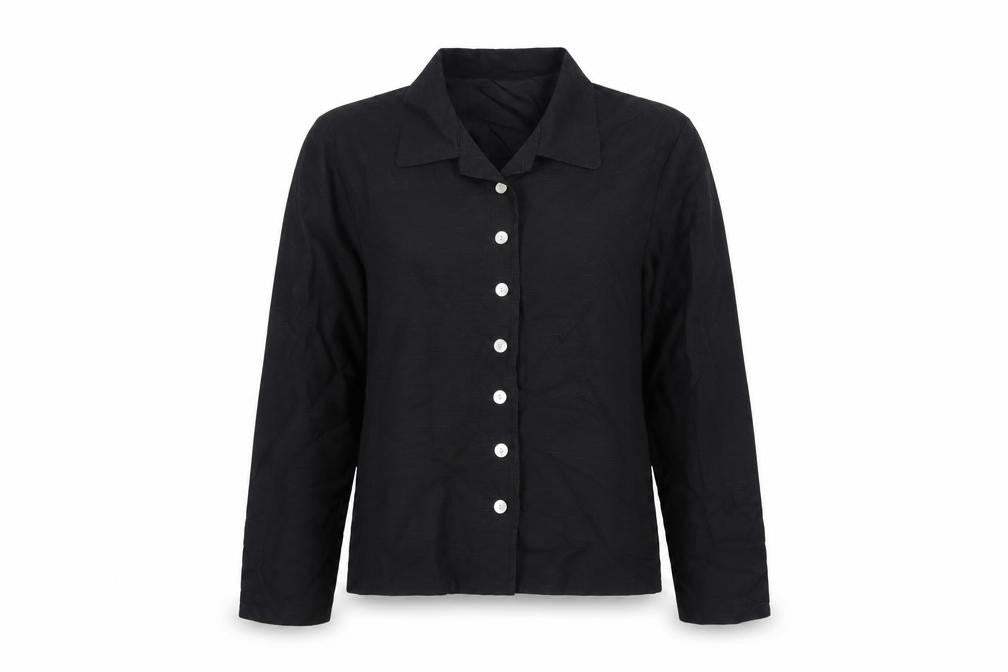 Front view of Offshoot women’s black jacket blazer, size M, button - lightweight
