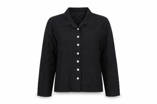 Front view of Offshoot women’s black jacket blazer, size M, button - lightweight