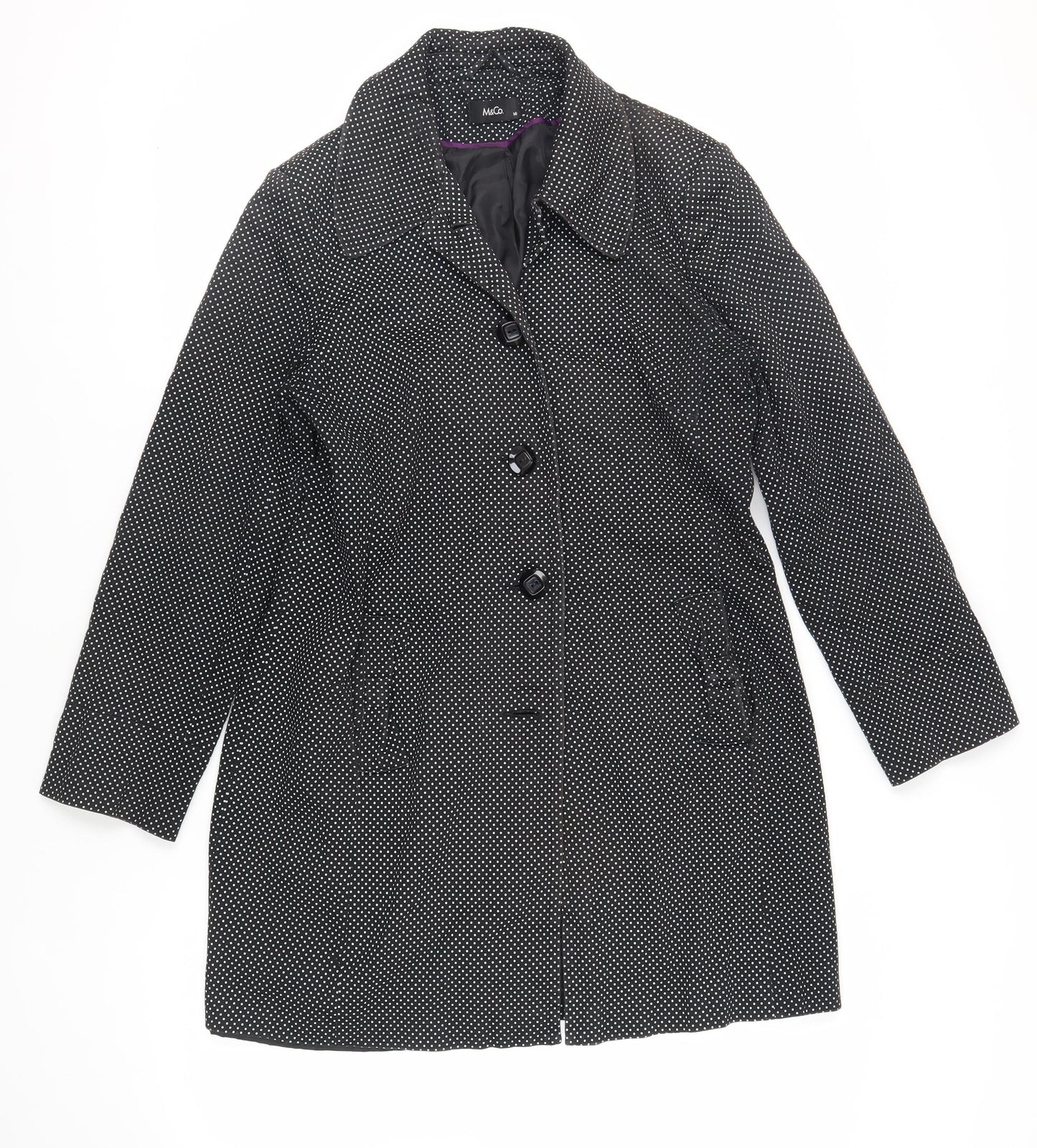 M&Co Womens Black Polka Dot Overcoat Coat Size 14 Button