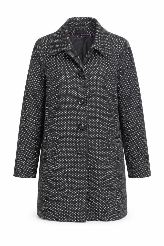 Front view of M&Co women’s black polka dot overcoat coat, size UK 14, button