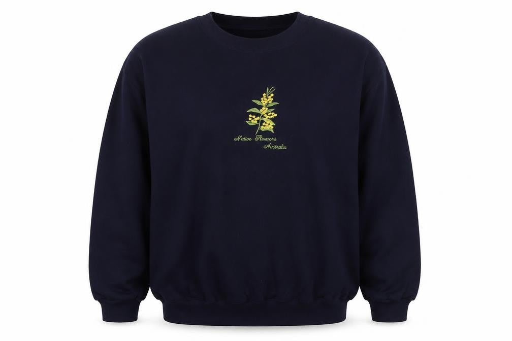 Front view of Acacia women’s blue cotton pullover sweatshirt, size L, pullover - flower australia