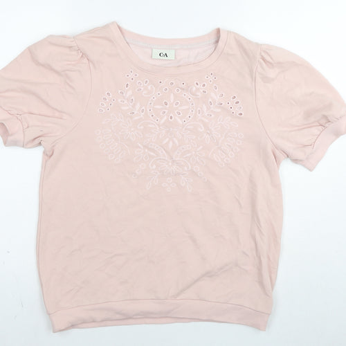 C&A Womens Pink Cotton Basic T-Shirt Size L Round Neck - Embraided Flowers