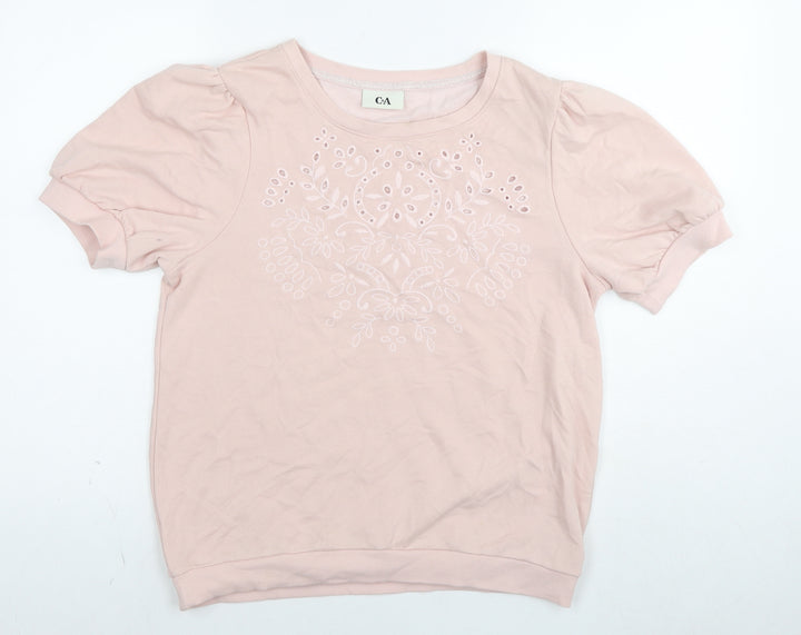 C&A Womens Pink Cotton Basic T-Shirt Size L Round Neck - Embraided Flowers