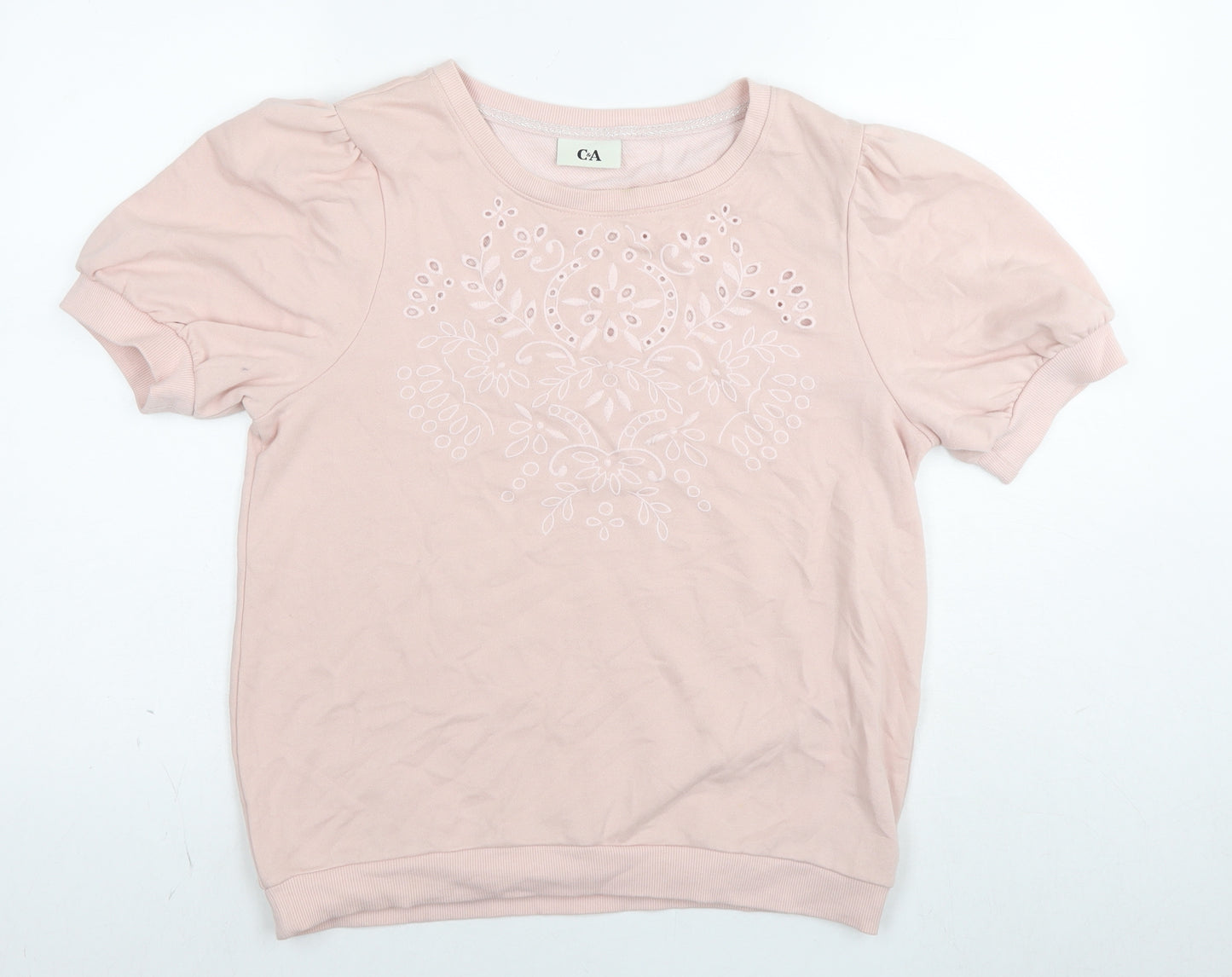 C&A Womens Pink Cotton Basic T-Shirt Size L Round Neck - Embraided Flowers